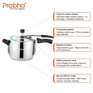 Prabha Prochef Curve Hammered Triply Stainless Steel Inner Lid Pressure Cooker | Induction Compatible (1.5L–5L) - Image 2