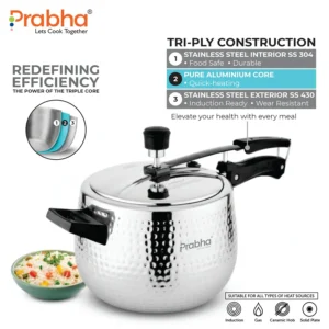 Prabha Prochef Curve Hammered Triply Stainless Steel Inner Lid Pressure Cooker | Induction Compatible (1.5L–5L) - Image 6