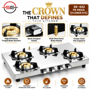 Shakambhari Stainless Steel Gas Stove with Brass Burners, Removable Tray & Flower Pan Support - Image 4