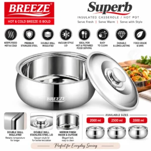 BREEZE Superb Stainless Steel Insulated Casserole with Vacuum Lid | Hot Pot - Image 3