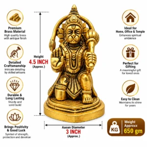 Brass (Peetal) Lord Hanuman Ji Statue 4.5 Inch with Gada | Sitting Hanuman Murti for Home, Puja & Temple - Image 5