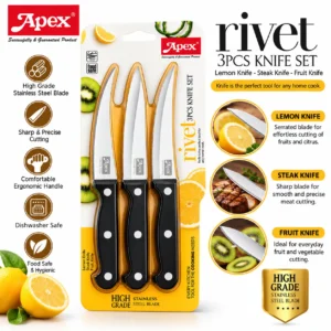 Apex Rivet Stainless Steel Knife Set 3 Pcs | Lemon, Steak & Fruit Knives with Sharp Blades & Comfortable Handles - Image 2