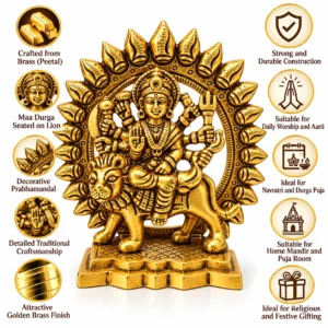 Pure Brass (Peetal) Maa Durga Idol on Lion with Decorative Prabhamandal | Durga Mata Murti for Puja & Home Mandir - Image 5