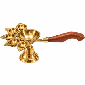 Pure Brass (Peetal) Panch Aarti Diya with Elegant Wooden Handle | 5 Wick Brass Deepak for Puja & Mandir - Image 3