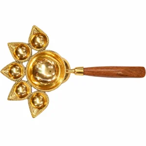 Pure Brass (Peetal) Panch Aarti Diya with Elegant Wooden Handle | 5 Wick Brass Deepak for Puja & Mandir - Image 4