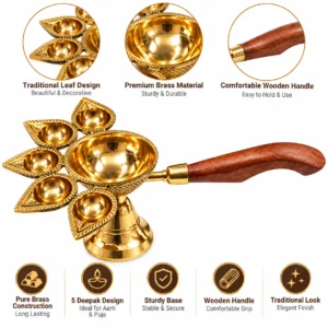 Pure Brass (Peetal) Panch Aarti Diya with Elegant Wooden Handle | 5 Wick Brass Deepak for Puja & Mandir - Image 5