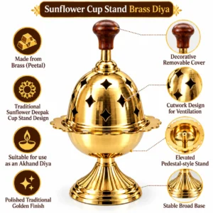 Pure Brass (Peetal) Sunflower Deepak Cup Stand | Akhand Diya with Cover for Puja & Mandir - Image 7