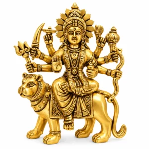 Pure Brass (Peetal) Maa Durga Idol on Lion with Decorative Prabhamandal | Durga Mata Murti for Puja