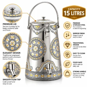 MIRROR Stainless Steel Water Matka with Tap & Lid | Conical Antique Floral Design | 15L - Image 3