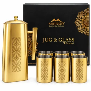 MIRROR Swarna Stainless Steel Jug & Glass Set 7 Pcs | Ornate Plus Design Gold Finish Water Serving Set - Image 3