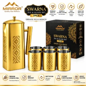 MIRROR Swarna Stainless Steel Jug & Glass Set 7 Pcs | Ornate Plus Design Gold Finish Water Serving Set - Image 4