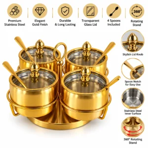 PROLINE Stainless Steel Revolving Dry Fruit Serving Set | Golden PVD Coating, 4 Bowls & Spoons with Tray - Image 3